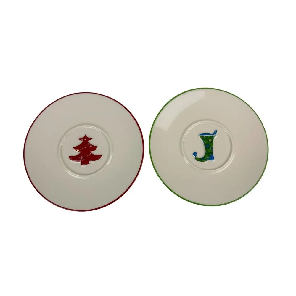 Starbucks 2006 Set of 2 Christmas Saucer Plates, Red Tree, Green Blue Stocking